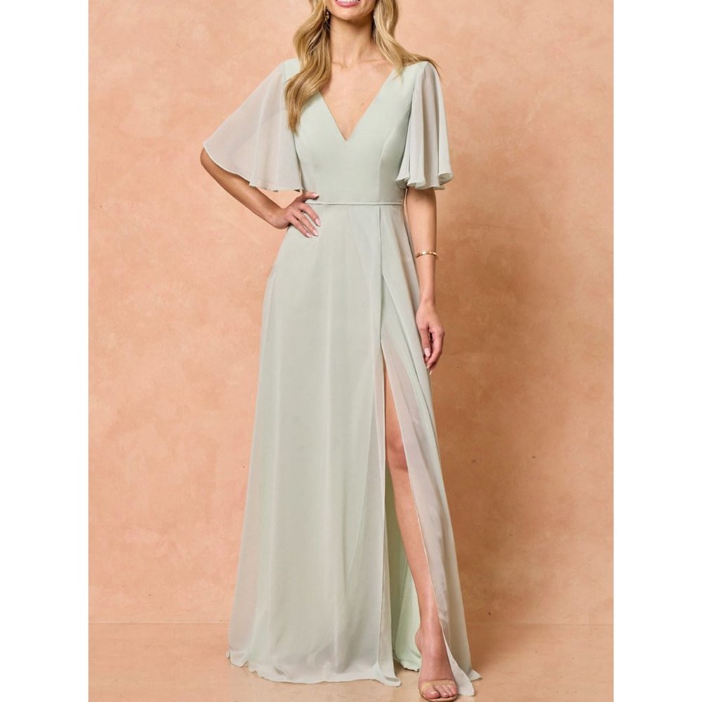 Sage Green Chiffon Flutter Sleeve A-line Side Slit Formal Wedding guest Dress 8